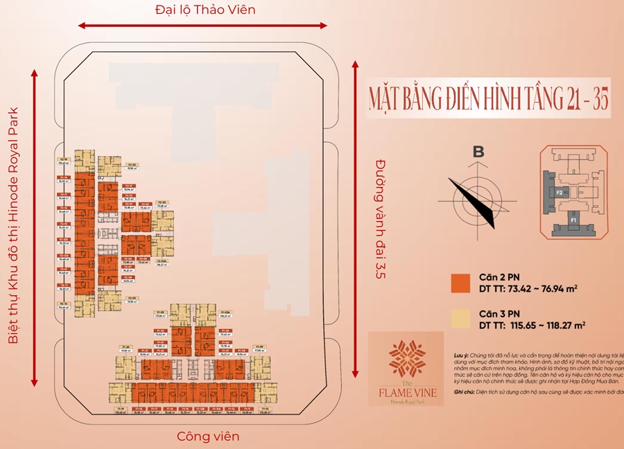 Mặt bằng tầng 21 đến 35 Chung cư The Flame Vine căn hộ HH3 Hinode Royal Park Hoài Đức
